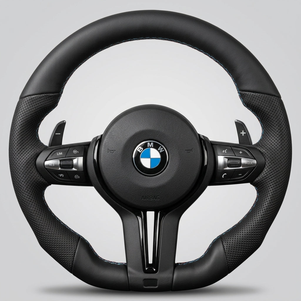 Volant BMW M Sport en cuir perforé, avec airbag, boutons multifonctions et palettes de vitesse
